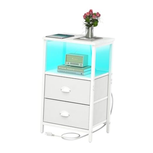 LED Nightstand with Charging Station & 2 Fabric Drawers in White-image