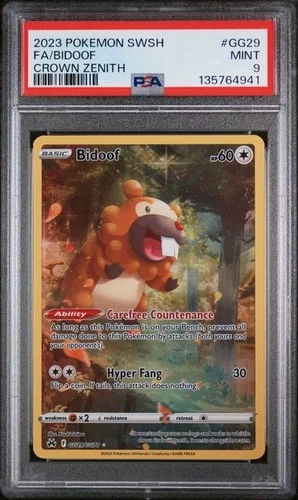 2023 POKEMON SWORD & SHIELD CROWN ZENITH #GG29 FULL ART/BIDOOF PSA 9