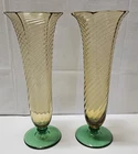 2 Antique STEUBEN Spiral Footed Amber Glass Vases Carder Era Pomona Green Foot
