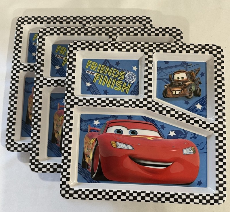 3 Disney Pixar CARS 3-Compartment Melamine Plates Lightning McQueen Mater
