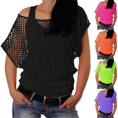 Women 80s T Shirts Neon Fishnet Mesh Top Off Shoulder Tops For Women - Picture 1 of 39