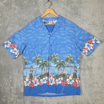 Vtg Aloha Republic XL Blue Hawaiian Shirt Pin Up Hula Girls Floral USA
