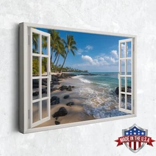 Luxury Island Resort Window Perspective Wall Art, Home Decor Canvas Print Poster