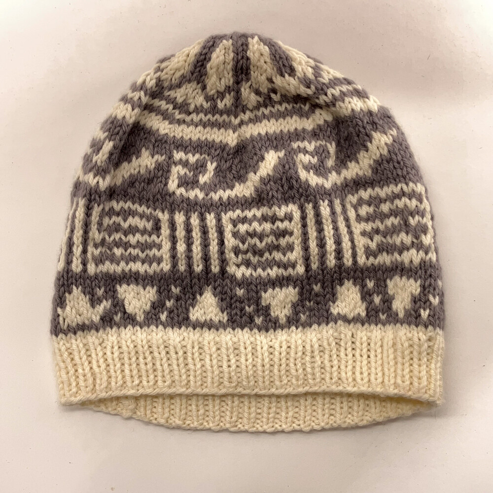 Knit Off White Gray Pattern Winter Hat Triangles … - image 1