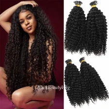 Long Kinky Curly I Tip Human Hair Extension Pre Bonded Microlink Hair 100pcs