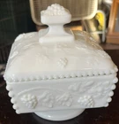 Vintage Westmoreland White Milk Glass Square Lidded Dish Beaded Grape Pattern