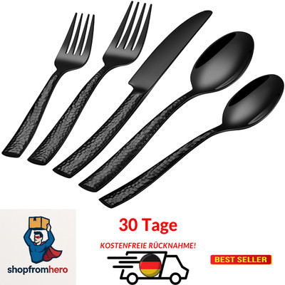 30-piece cutlery set for 6 people, black, thickened stainless steel cutlery s...