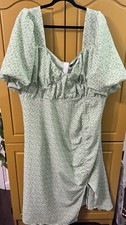 PrettyLittleThing Plus Size 22 Green Floral Puff Ruched Slit Mid Milkmaid Dress
