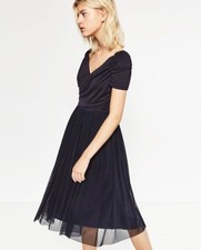 NWT ZARA Navy Blue Crossover Neckline Tulle Skirt Ballerina Dress 0594/152 XS