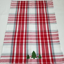 NEW Sur La Table- Embroidered Trees/Plaid 100% Cotton Kitchen Dishtowel, 28"x20"