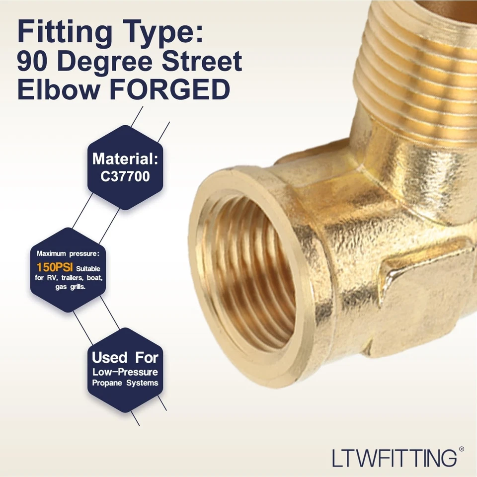 5 Pack Brass Pipe 90 Deg 1/2-Inch NPT Street Elbow Forged Fitting Fuel Air Boat - Image 3 of 4