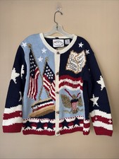 Cárdigan suéter vintage The Eagle Eye para mujer mediano tejido a mano bandera de América años 90