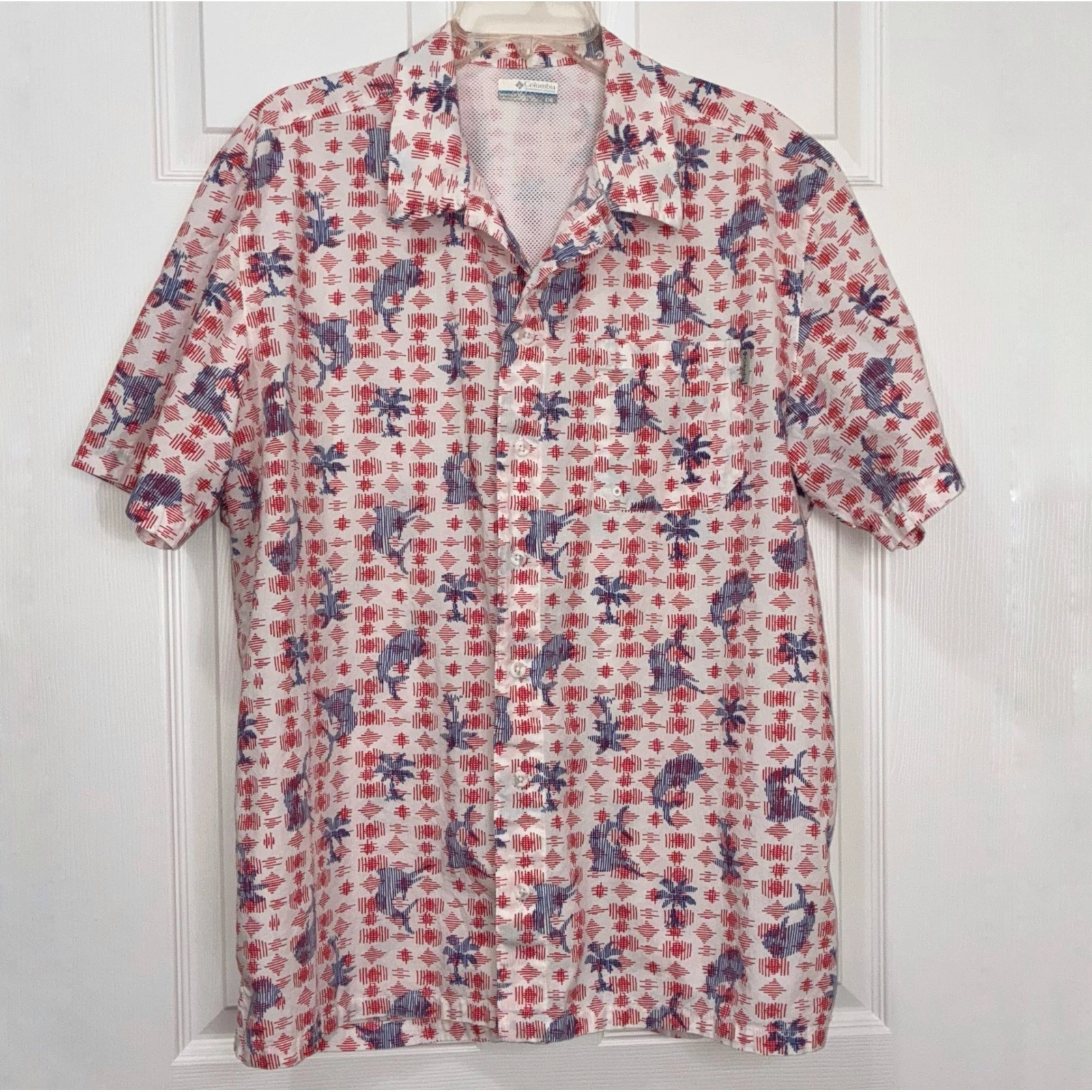 Columbia PFG fishing shirts mens large Vented Logo Short sleeve Palm tree Fish