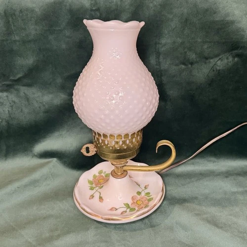 Vtg Hobnail Milk Glass Hurricane Electric Table Lamps Boudoir Light Floral