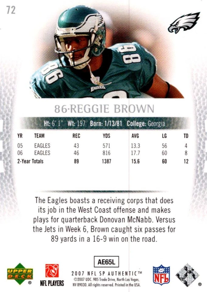 2007 SP Authentic Reggie Brown Philadelphia Eagles #72 - Image 2 of 2