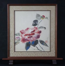 Japanese watercolor painting on Shikishi Tsubaki camellia hand craft 1980