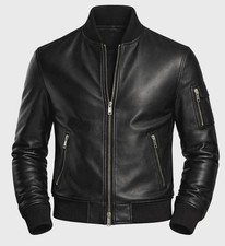 Chaqueta de invierno para hombre negra de cuero de oveja genuino aviador motocicleta bombardero