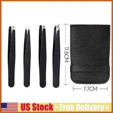 Tweezers Set 4-Piece Professional Black Plucker Stainless Steel With Case US