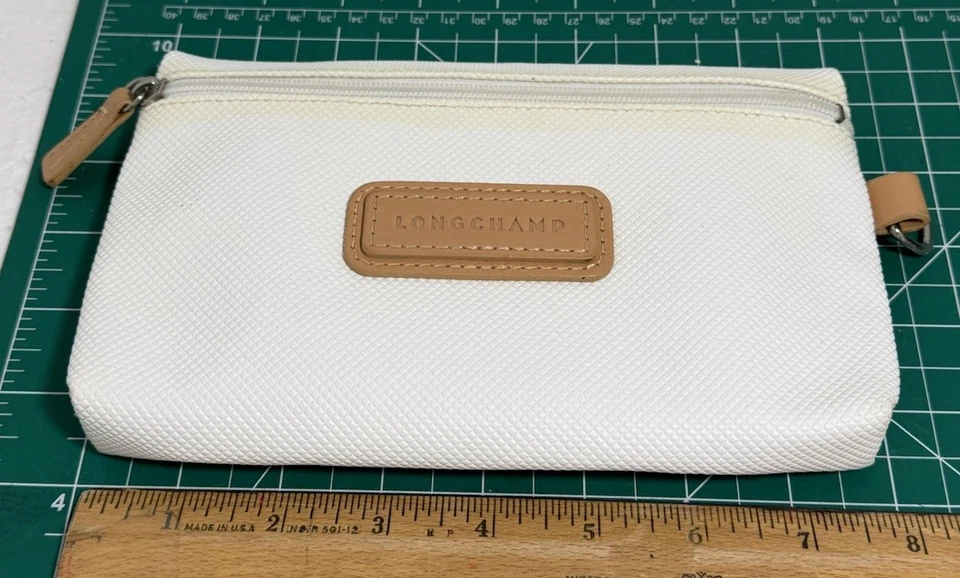 Longchamp Bolso de Cosméticos Muñequera Bolsa Blanco Amarillo Cremallera Firma Logo Forro Foto 2 de 4