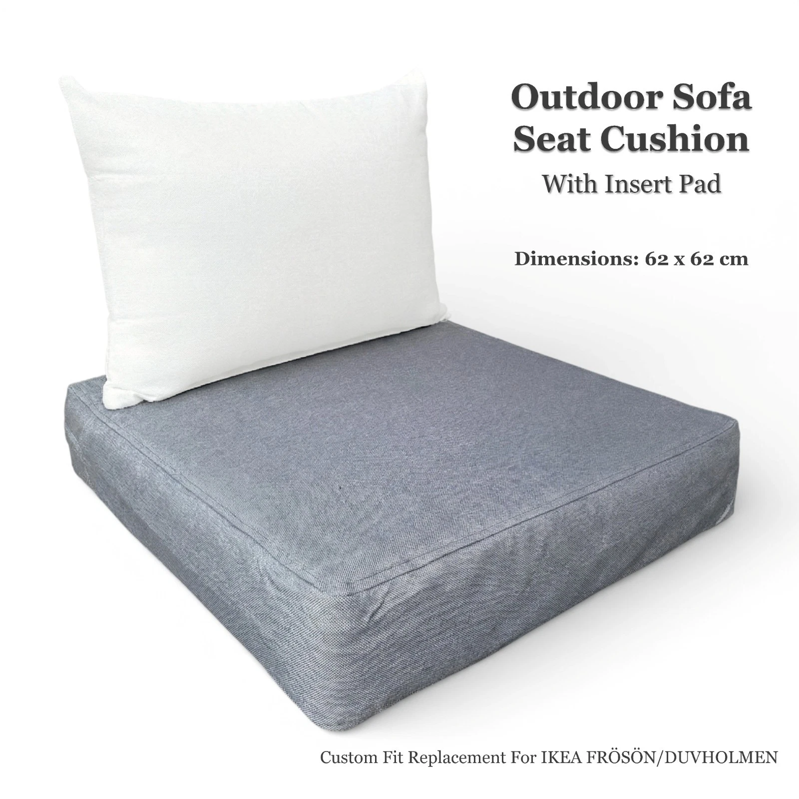 Outdoor Seat Cushion Custom Fit Rattan Patio Garden Furniture Sofa Armchair Grey Replacement Fits IKEA FRÖSÖN, DUVHOLMEN, JÄRPÖN, JARPON and SOLLERÖN