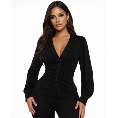 CeCe Womens Black Ruched V-Neck Long Sleeve Button Front Blouse Top Size M
