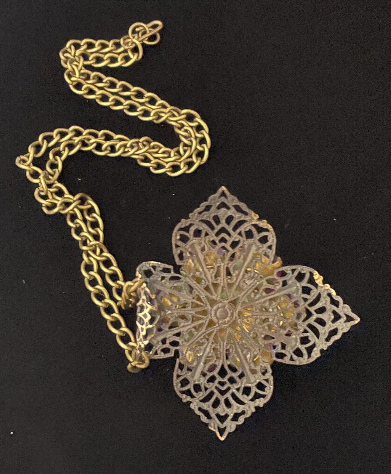 Vintage Necklace Art Nouveau Brass Filigree Red V… - image 5