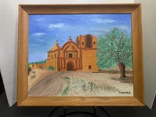 Vintage California Mission Church Outsider Art Oil Painting On Board Signed
