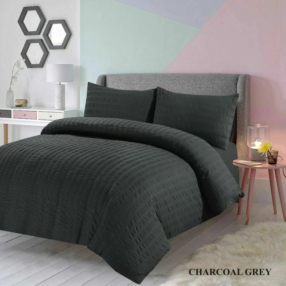 Seersucker Duvet Quilt Cover with Pillow cases Non Iron Bed cover Bedding Set - Image 3 of 4