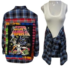 Upcycled Flannel Shirt Womens Large Star Wars Grunge Shacket Rock Concert Art