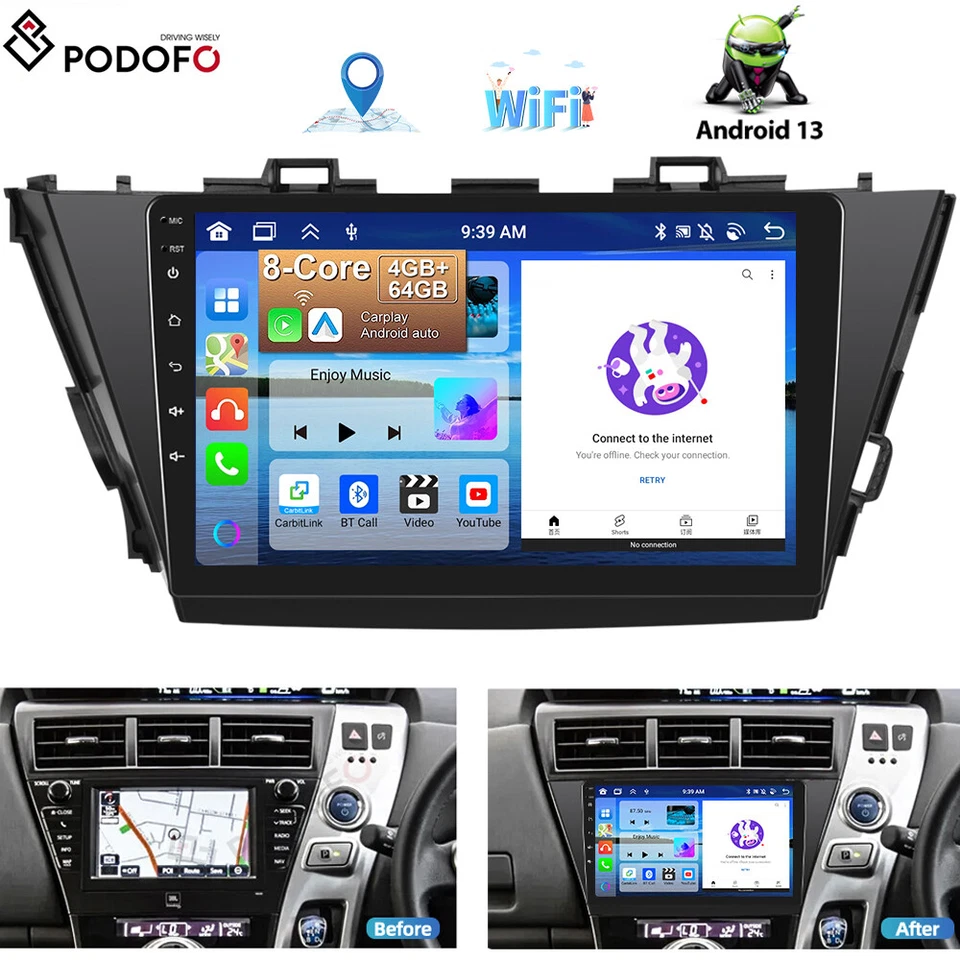 PODOFO 8-core 4+64GB Android13 Car Radio Stereo For Toyota Prius Plus V Alpha 2012-2016