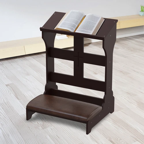 Prayer Bench Stool Solid Wood Church Prayer Padded Kneeler w/ Shelf and Cushion