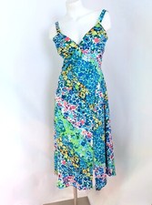 SheIn Midi Dress Womens L Blue Green Floral Sleeveless A-Line Side Slit Coquette