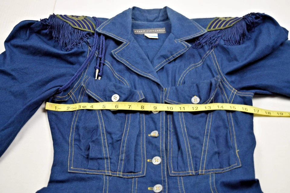 Vintage Dress Karen Alexander Size 10 80s Blue Denim Military Shoulders Made USA - Image 4 of 4