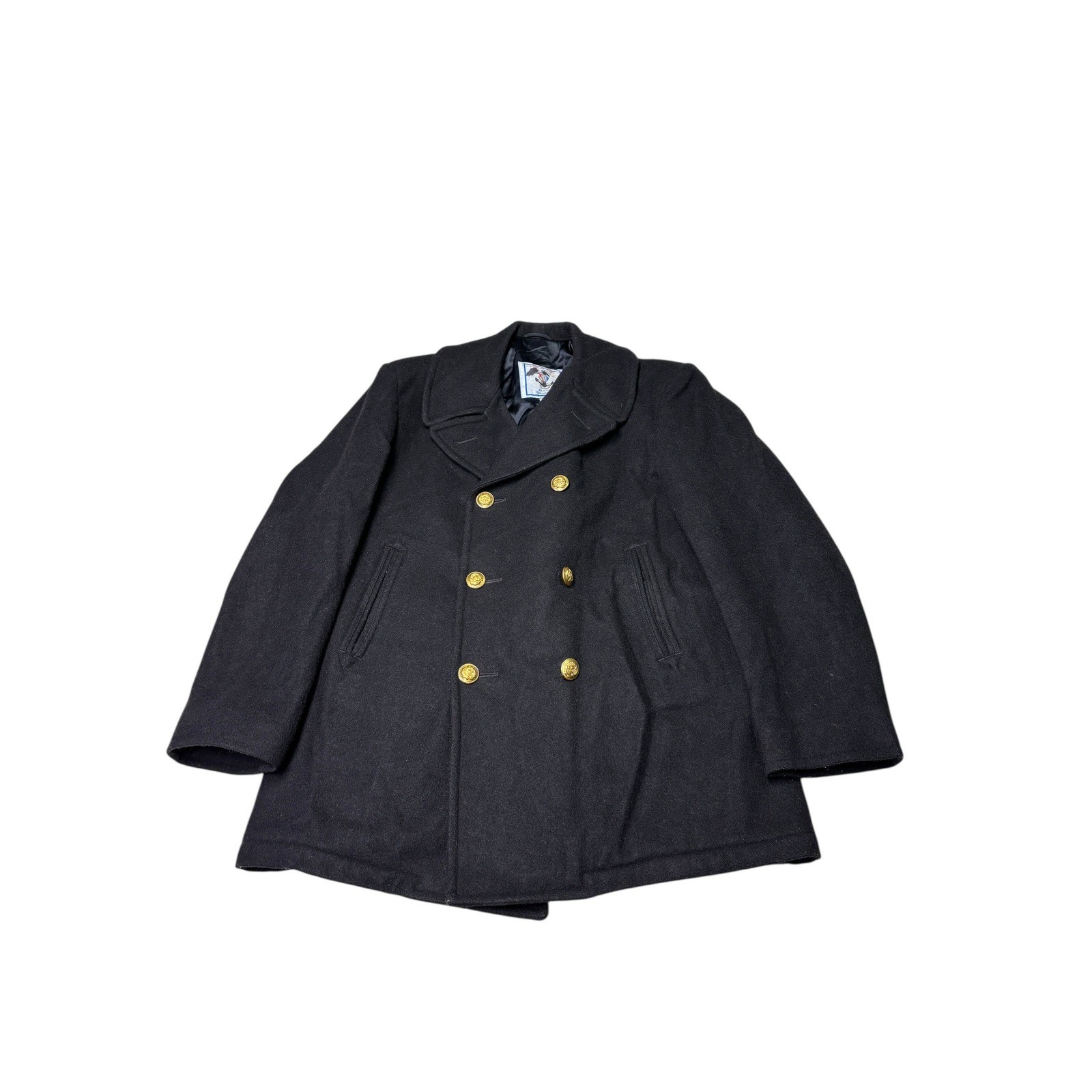 Black wool Sterlingwear Anchor Collection men's pea coat with double-breasted anchor buttons