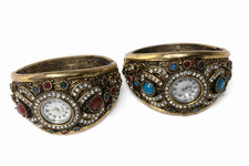 Vintage Ornate Bracelet Watch Pair Gold Tone Rhinestones Quartz Boho Cuff