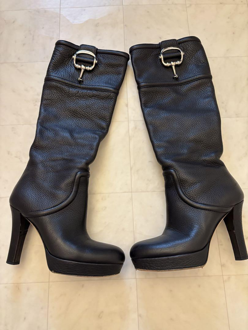 Gucci Long Boots Black Faux Leather Side Zip Size 35.5 Women