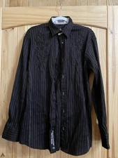 Roar Men's Long Sleeve Button-Up Black With White Stripe Sz S Black Embroidery