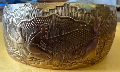 Vintage Brass Engraved Cuff Bracelet Storyteller Native American