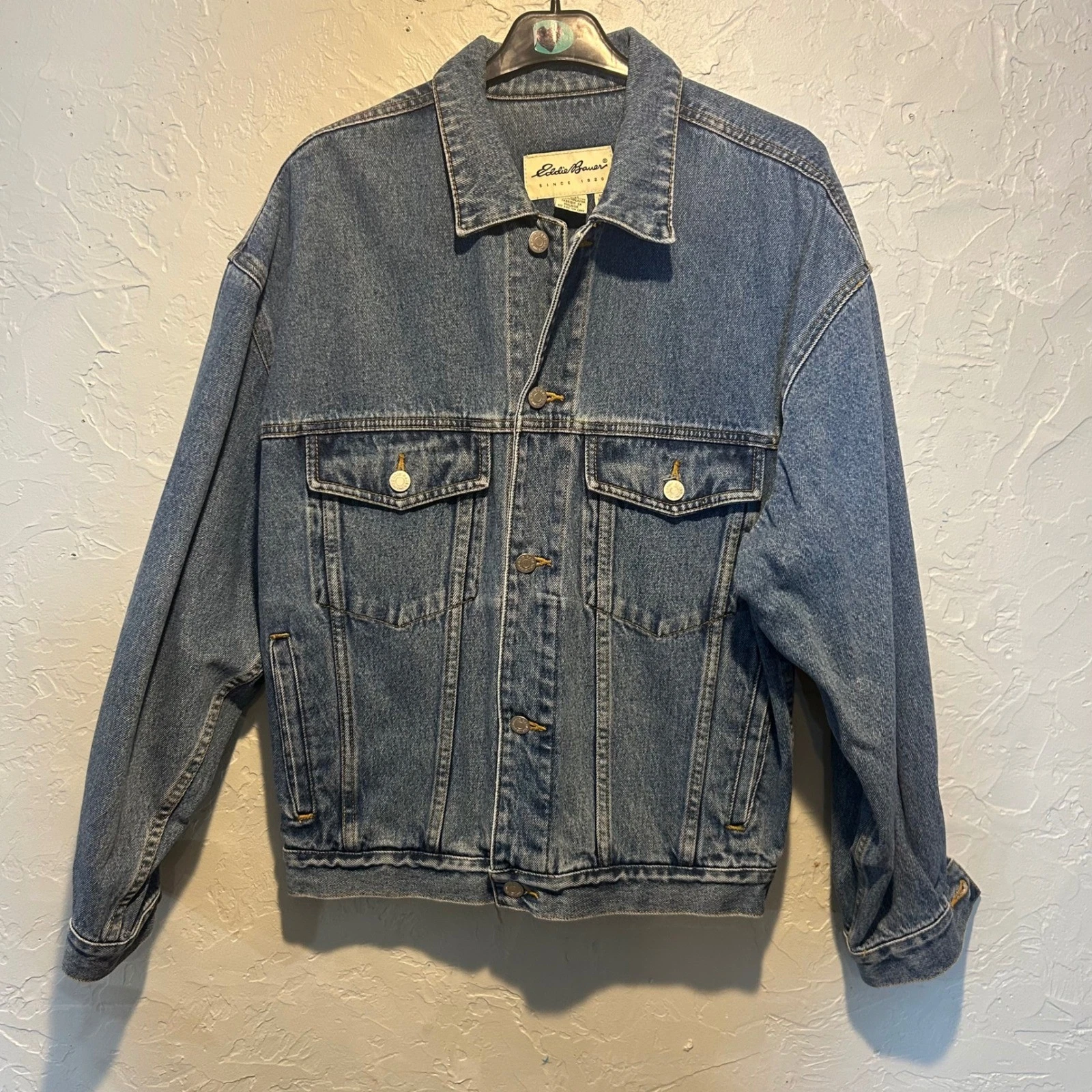 VTG Eddie Bauer Mens Classic Blue Denim Trucker Jacket Size S/P