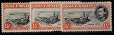 ASCENSION GVI SG40 + 40b + 40c, 1½d PERF VARIETIES, M MINT. Cat £18.