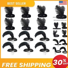 1920s Flapper Headband 12 Pc Feather Crystal Bead Elastic Adjustable Gatsby