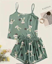 Ladies Rabbit Pyjama Set Nightwear Sleeveless Womens Lounge Top Short Sleepwear