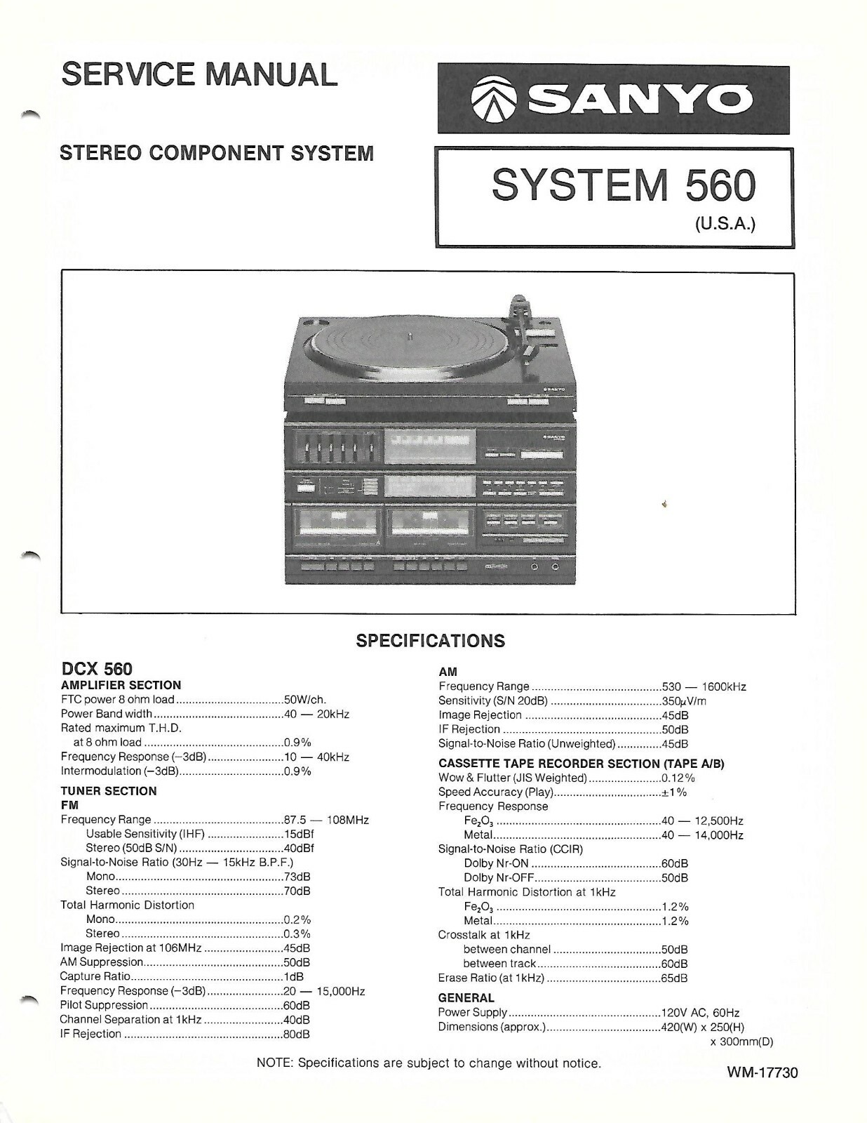 SANYO SYSTEM 560 HOME STEREO SYSTEM FACTORY REPAIR SERVICE MANUAL ENGLISH