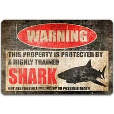 Shark Protected Property Sign, Funny Jaws Warning Metal Pool Area Decor,8-HIG016