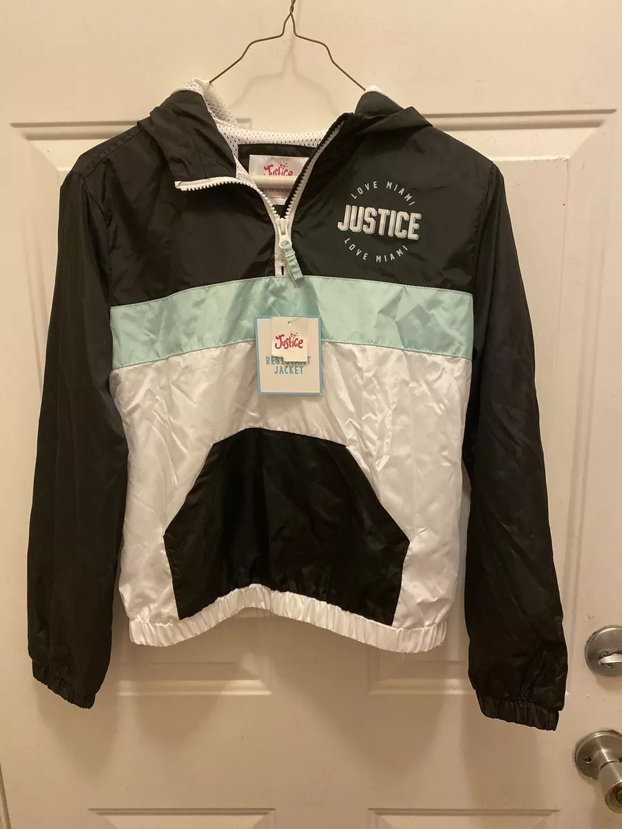 Justice Water Resistant Logo Jacket Windbreaker Black White Teal Size 12 Girls