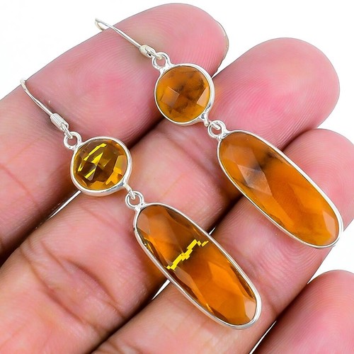 Citrine Treated Gemstone Dangle Mothers Gift Wife Earrings Jewelry Solid Silver