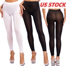 US Women Mid Waist See-Through Mesh Pants Tight Transparent Trousers Stockings