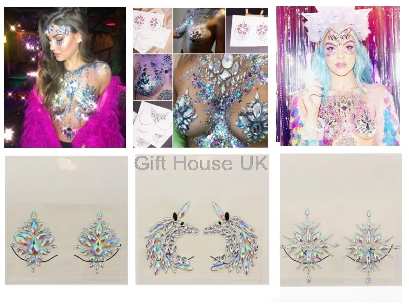 Boobs Chest Gems Art Peel Stick on Gem Rhinestone Crystal Glitter Body Jewel