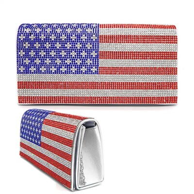 VERA USA RHINESTONE FLAG CLUTCH PURSE EVENING BAG SILVER STRAP BLING PATRIOTIC