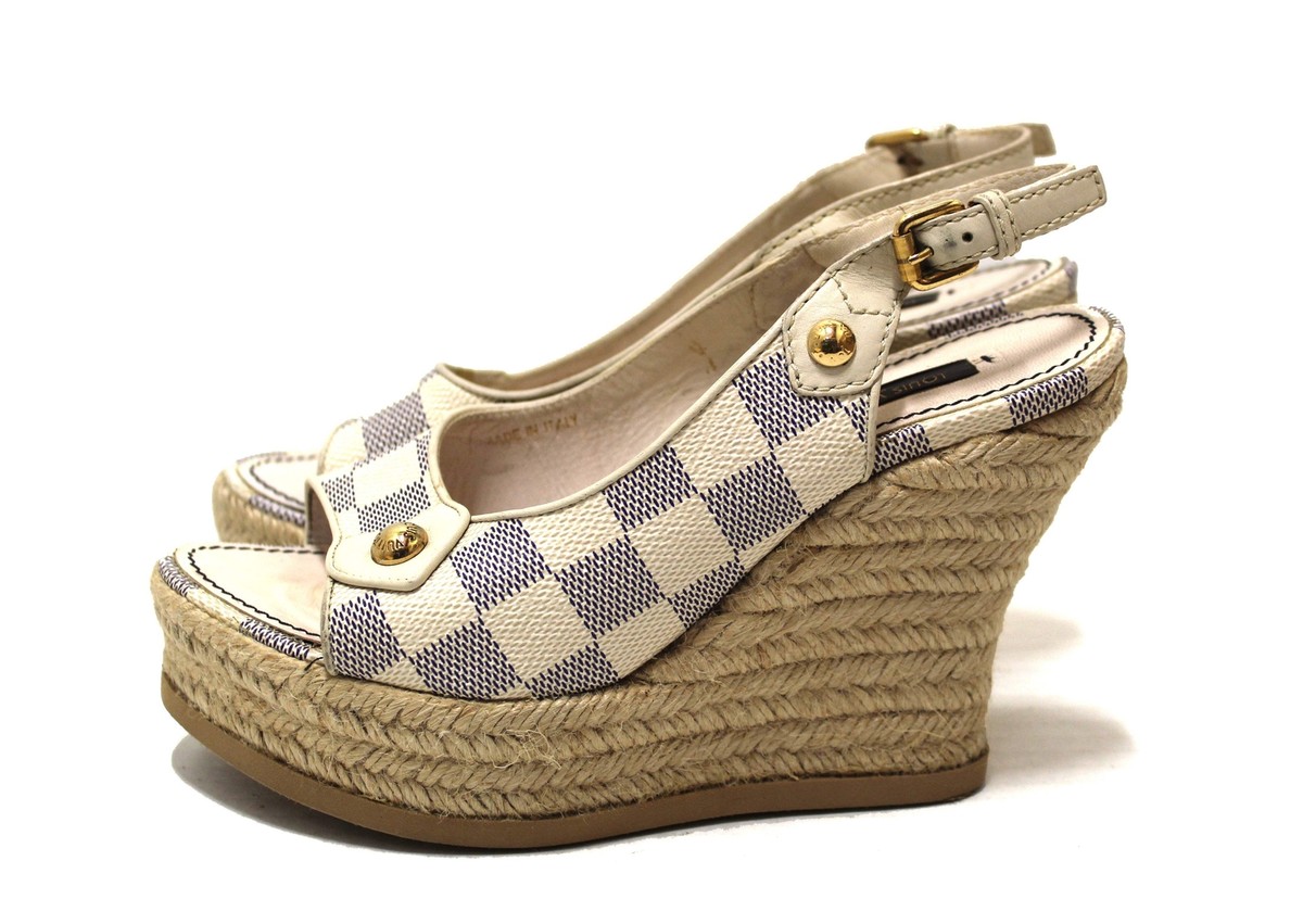 USED Louis Vuitton Damier Azur Espadrille Wedge Heel Size 35